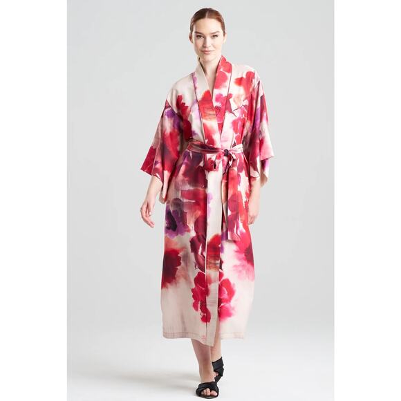 Natori Satin Full Bloom Watercolor Kimono Robe XL Pink Yellow Watercolor Kimono - Picture 5 of 7